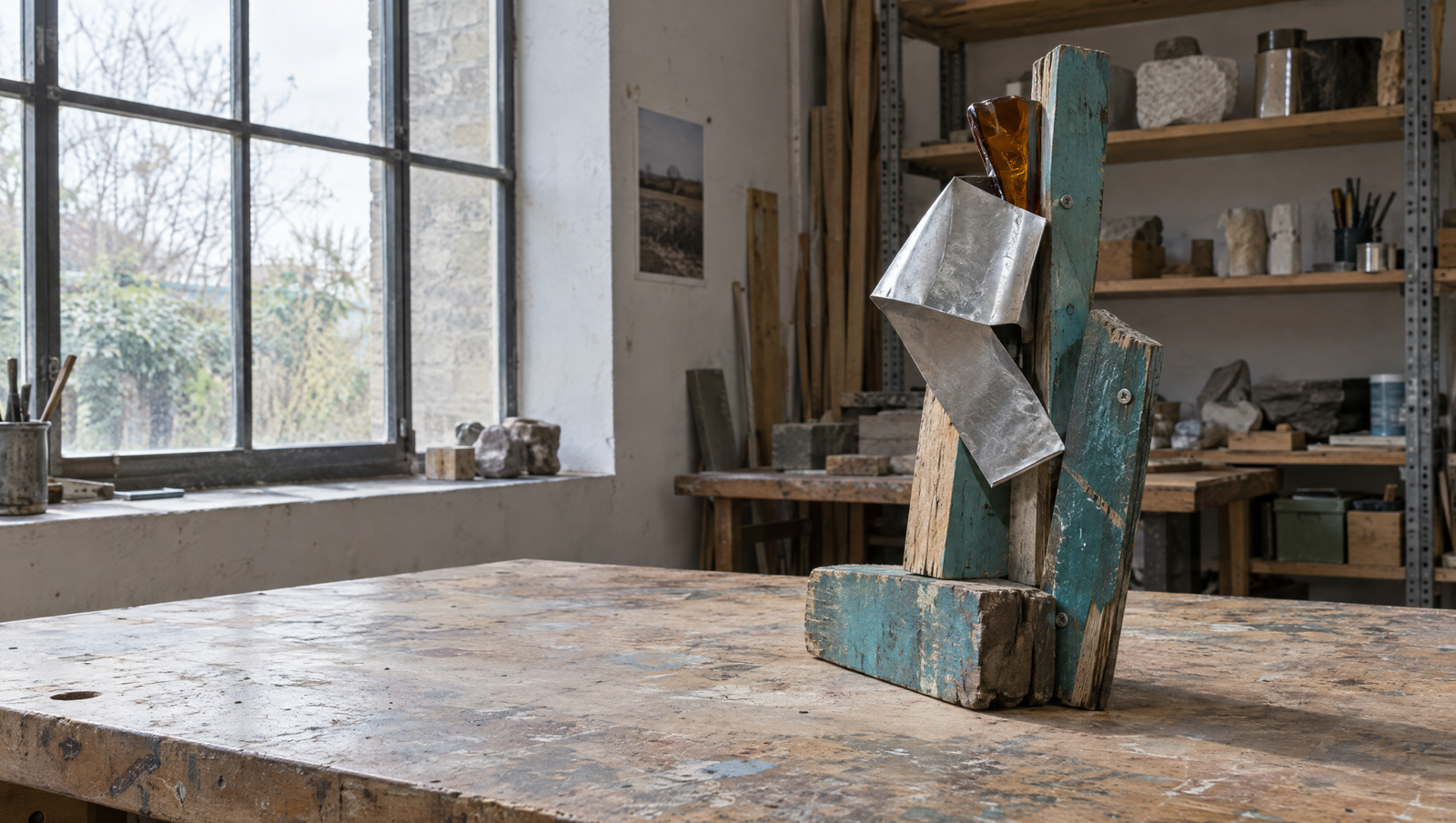Invented assemblage of weathered teal timber, folded aluminium and amber glass on a workshop bench