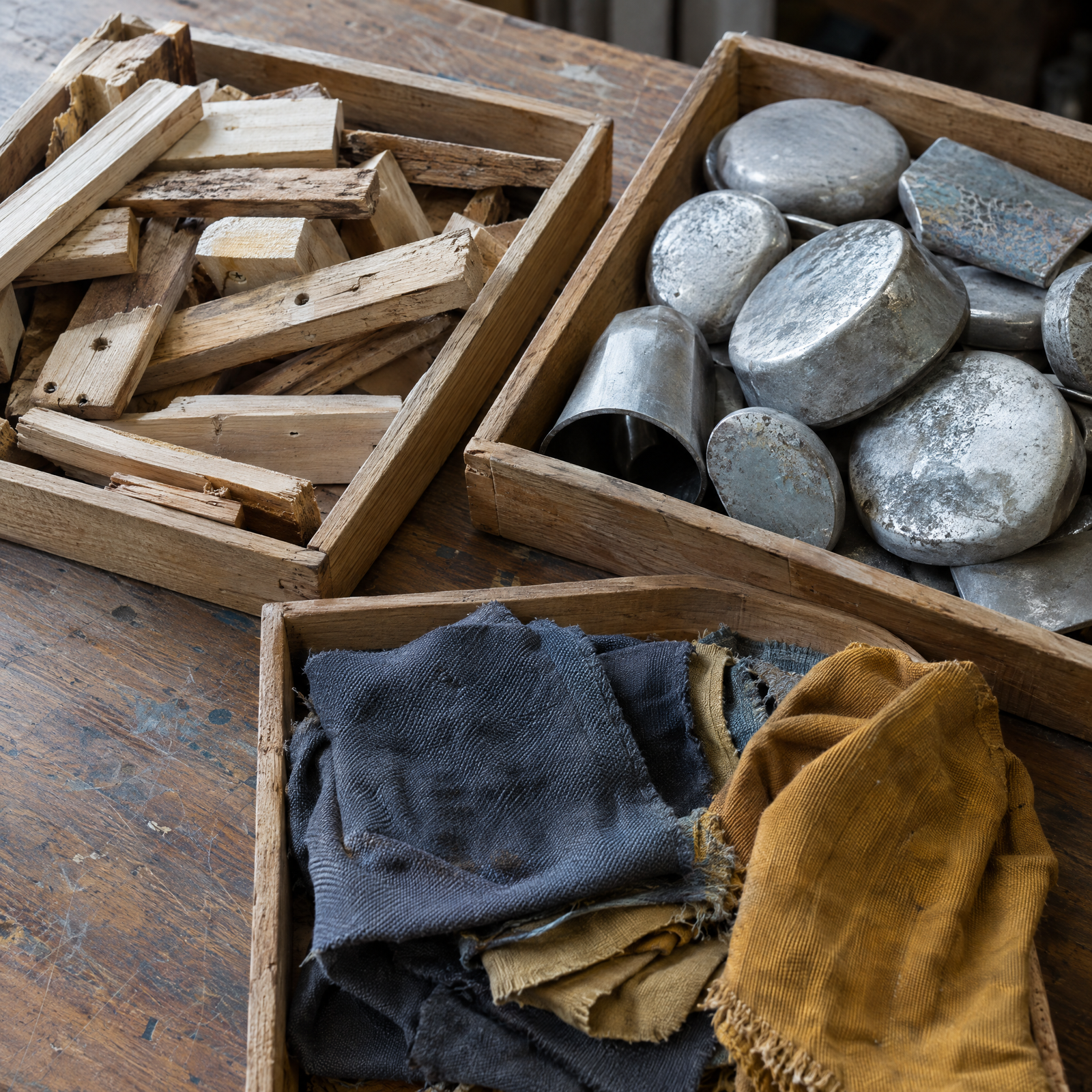 Sorted wood offcuts, dull aluminium pieces and worn cotton fabric in shallow workshop trays