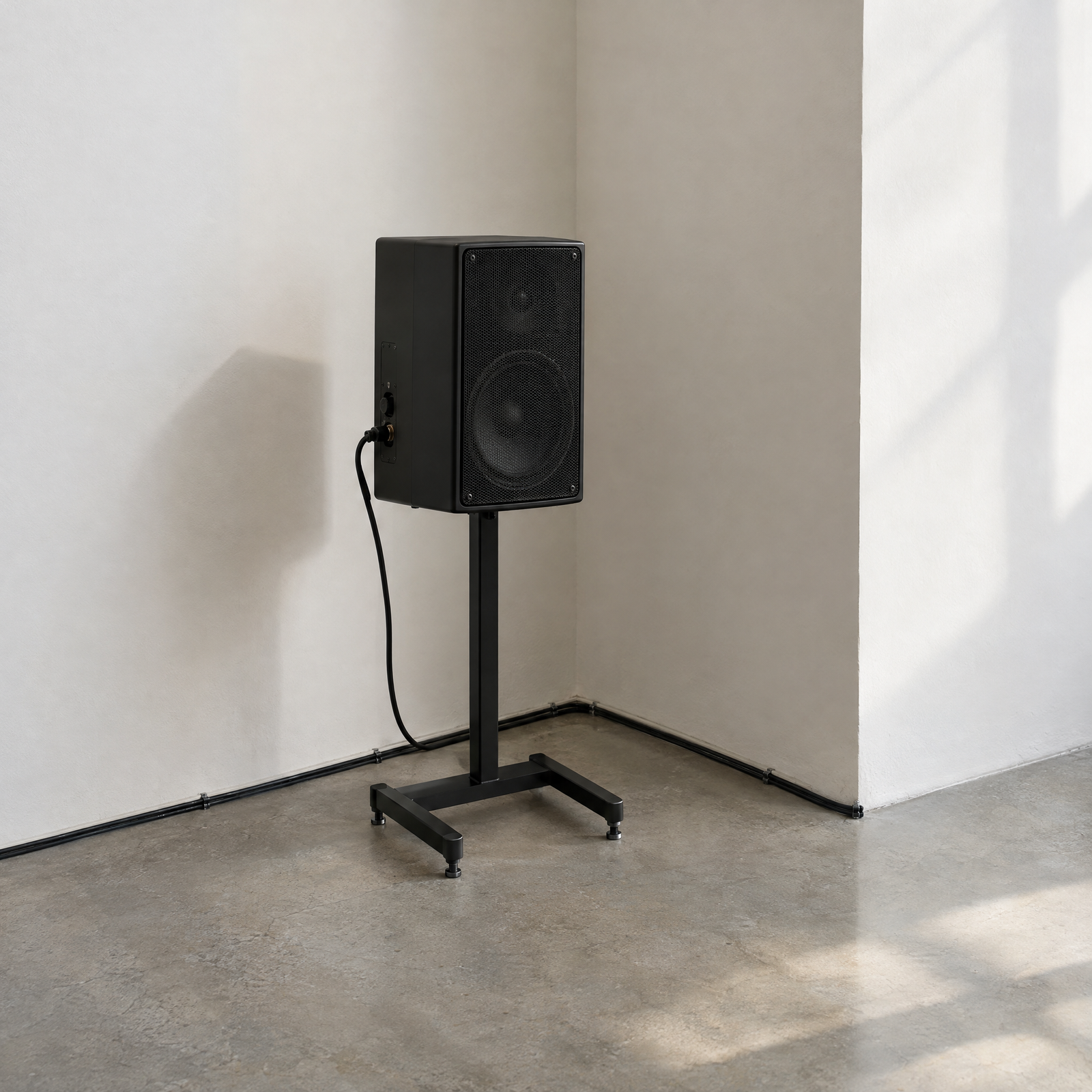 Loudspeaker and neatly routed cable at a gallery corner in an imagined sound installation