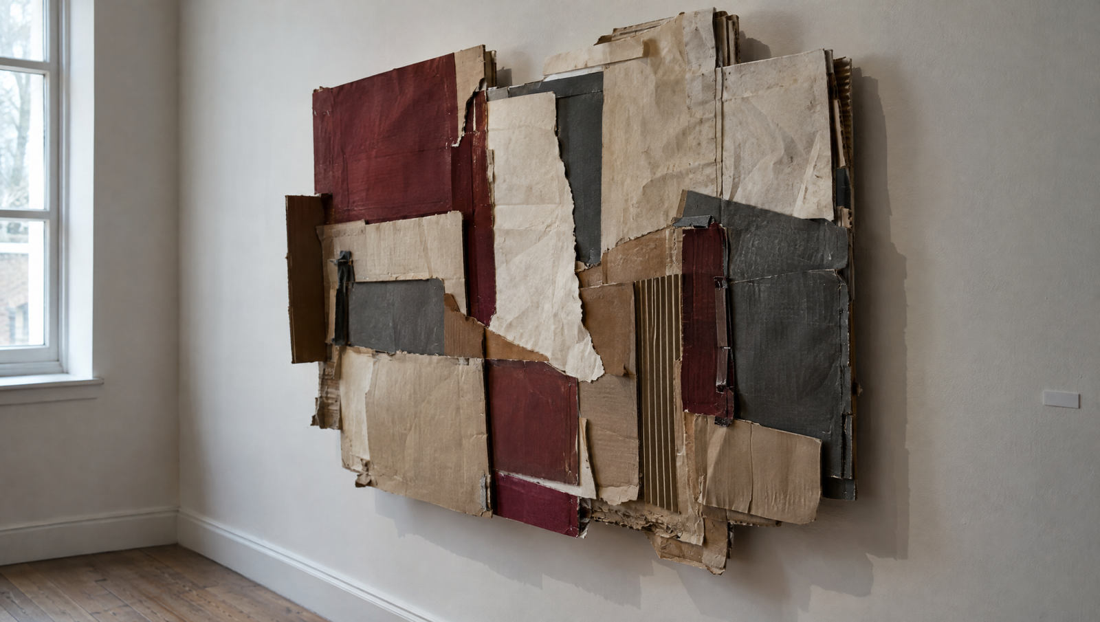 Invented wall assemblage of layered cardboard and paper in burgundy, cream and charcoal